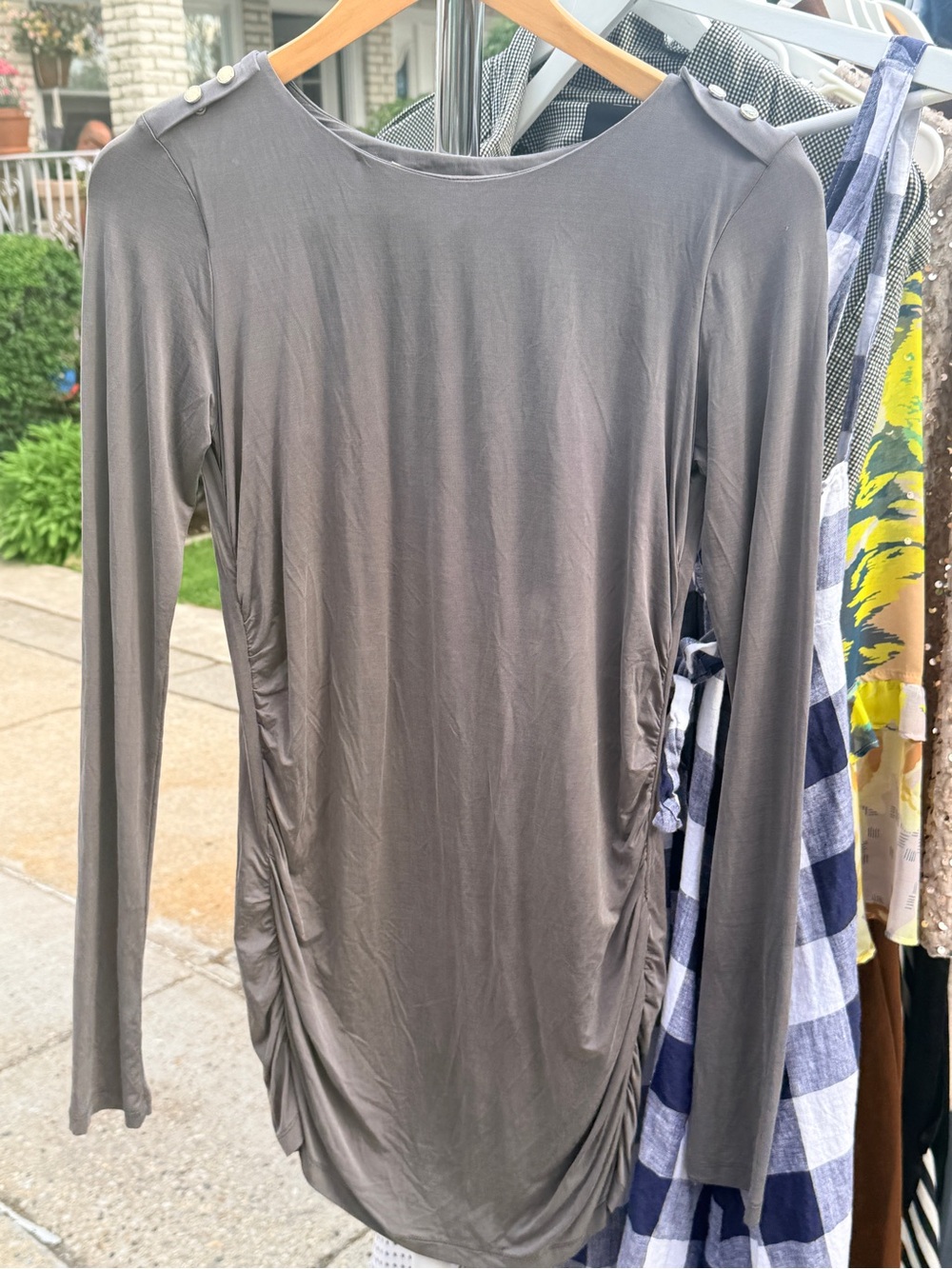Women's Gray Long-Sleeve Ruched Side Top with Button-Shoulder Detail
